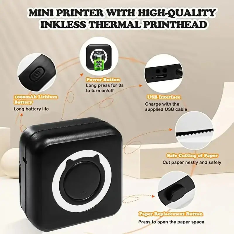 impresora Portable Mini Thermal Printer Wirelessly BT 203dpi Photo Label Memo Wrong Question Printing With USB Cable Imprimante Portable